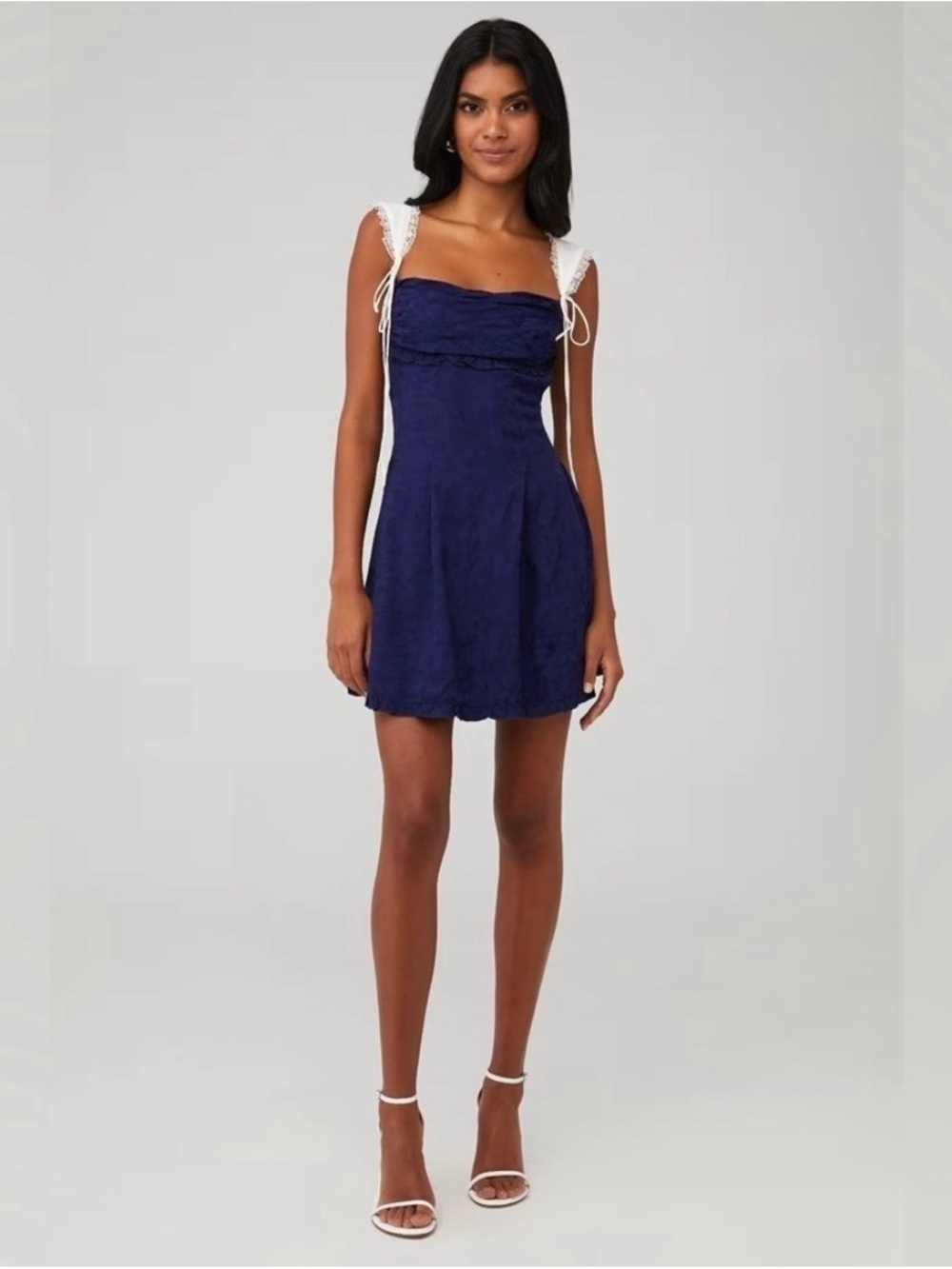 For Love and Lemons Navy Mini Dress with White Lace Tie Straps